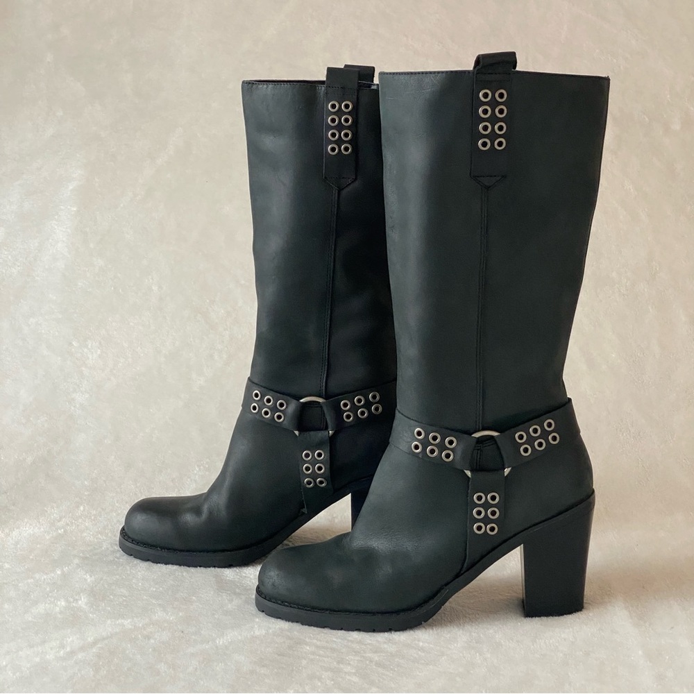 Chinese Laundry Mid Calf Heeled Leather Moto Buster Boot, Black, Size 8.5M